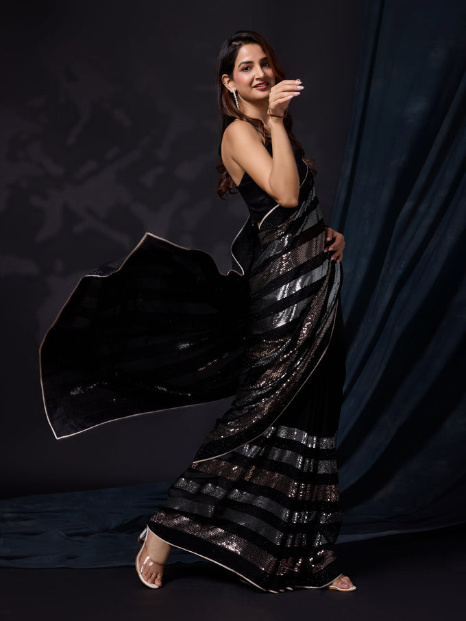 Women's Black Silk Sequins Work Saree with Blouse Piece Trendmalls