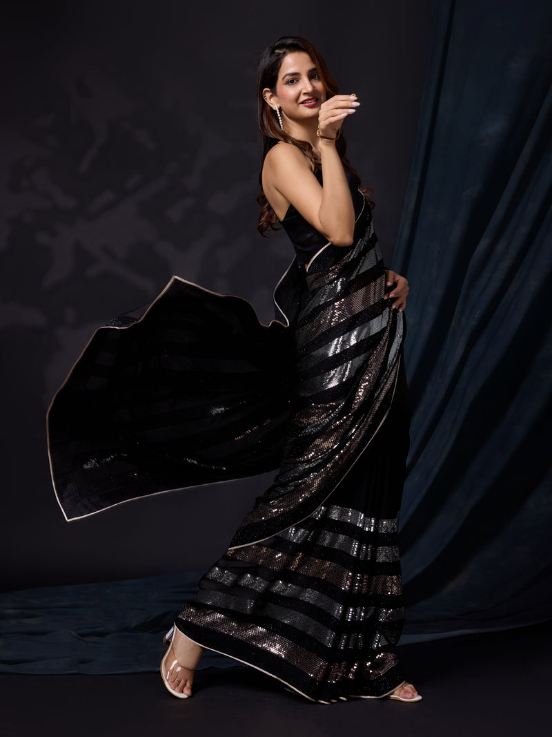 Women's Black Silk Sequins Work Saree with Blouse Piece