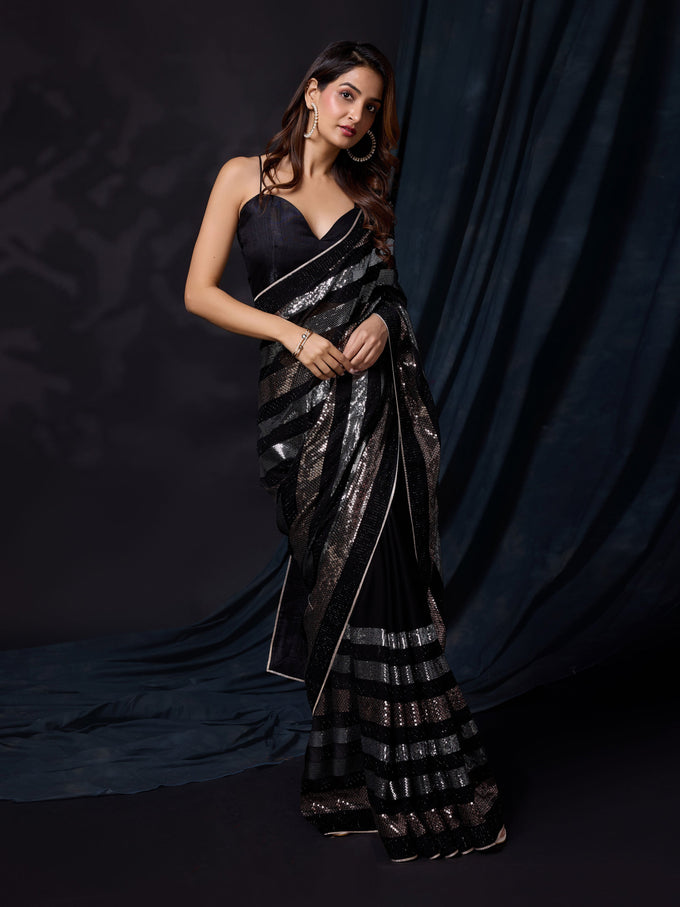 Women's Black Silk Sequins Work Saree with Blouse Piece Trendmalls