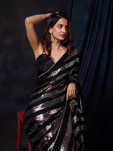 Women's Black Silk Sequins Work Saree with Blouse Piece