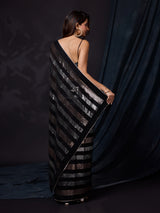 Women's Black Silk Sequins Work Saree with Blouse Piece