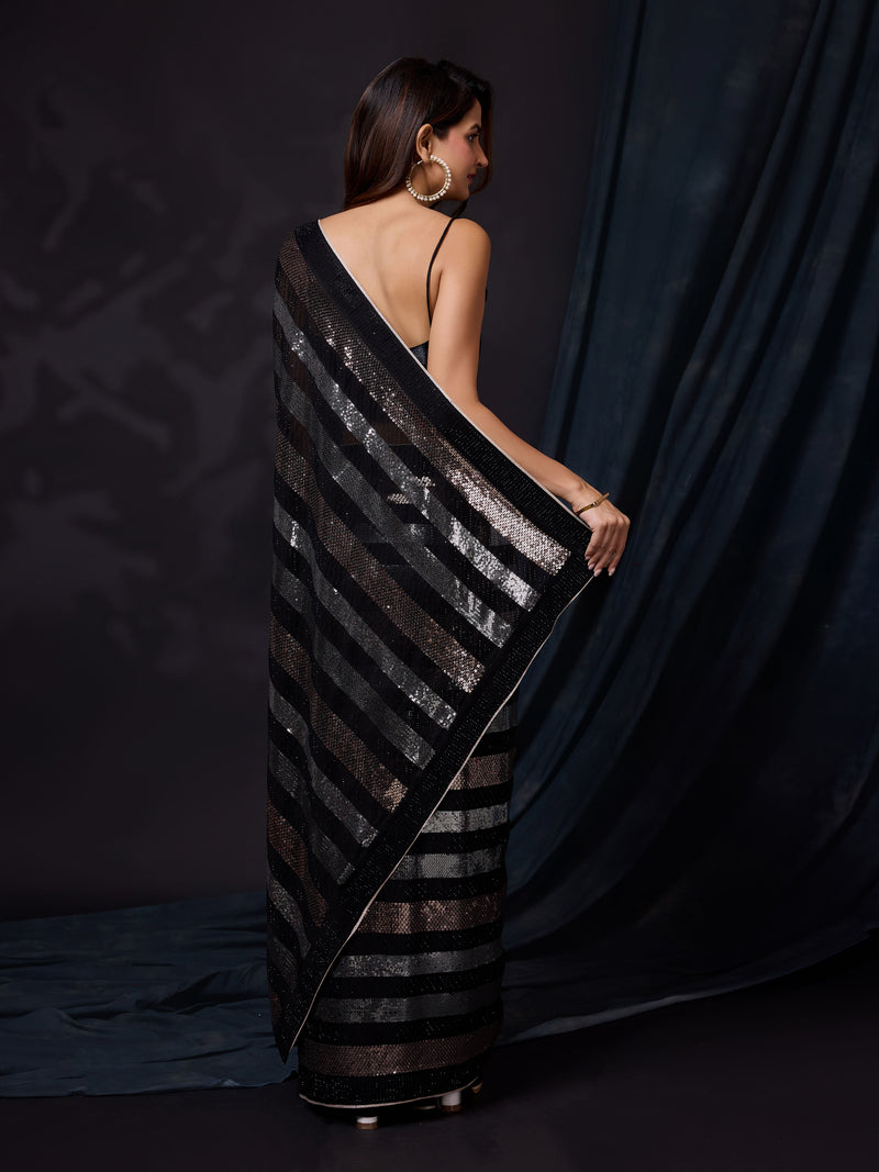 Women's Black Silk Sequins Work Saree with Blouse Piece