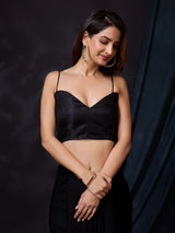 Women's Black Silk Sequins Work Saree with Blouse Piece