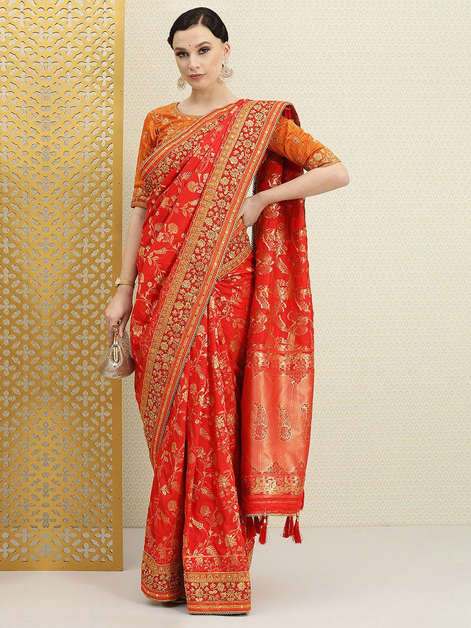 Women's Red Pure Silk Embroidery Work Saree with Unstitch Blouse Piece Trendmalls