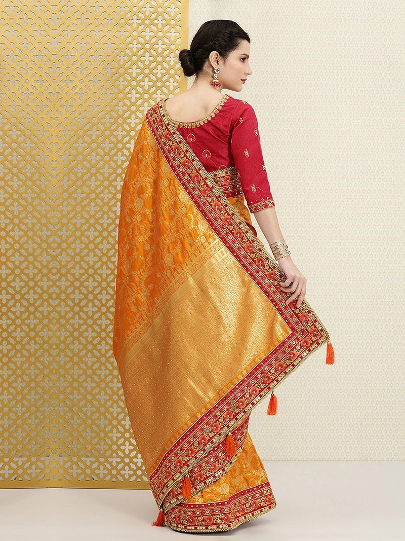 Women's Orange Pure Silk Embroidery Work Saree with Unstitch Blouse Piece