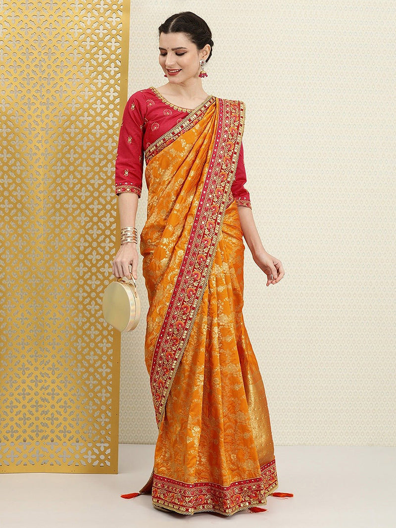 Women's Orange Pure Silk Embroidery Work Saree with Unstitch Blouse Piece