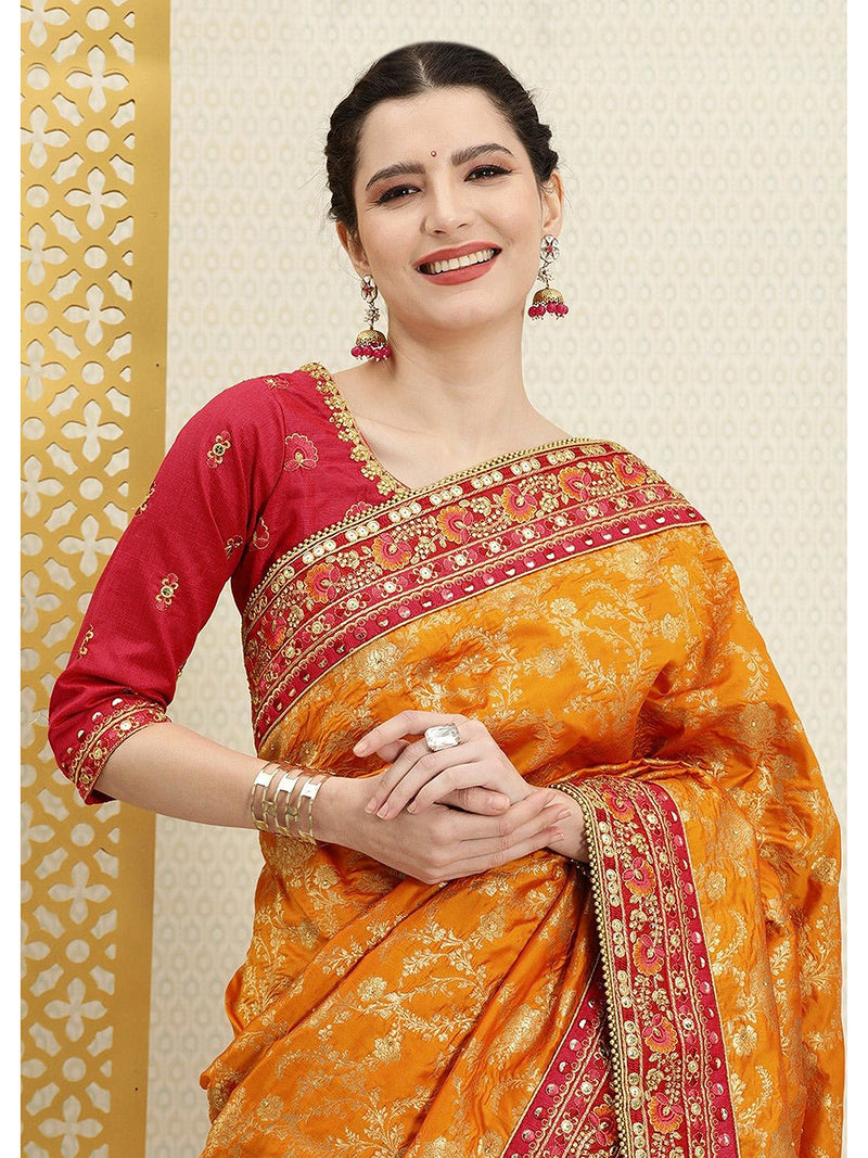 Women's Orange Pure Silk Embroidery Work Saree with Unstitch Blouse Piece