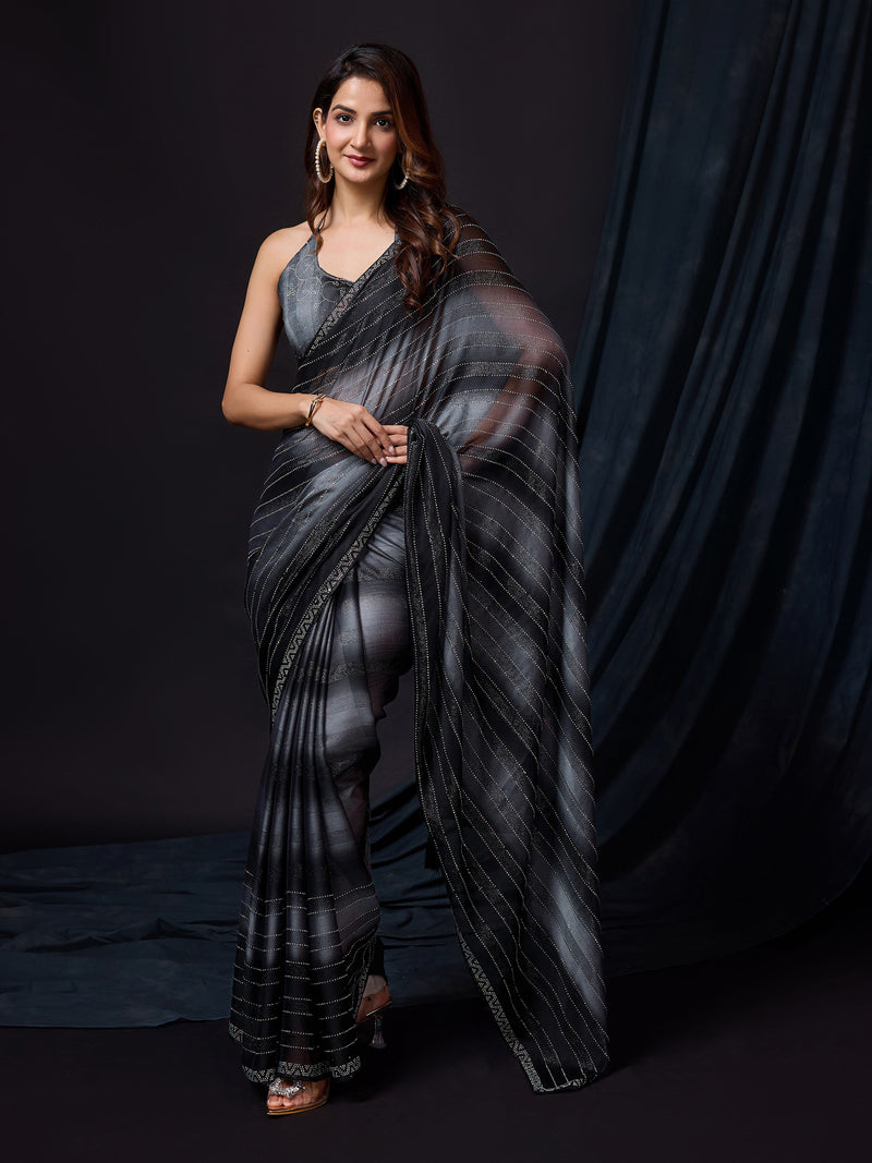 Women's Black Chiffon Siroski Work Saree with Unstitch Blouse Piece