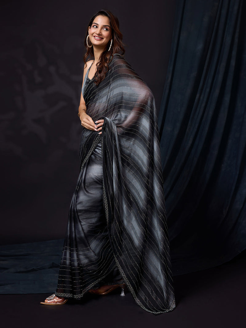Women's Black Chiffon Siroski Work Saree with Unstitch Blouse Piece