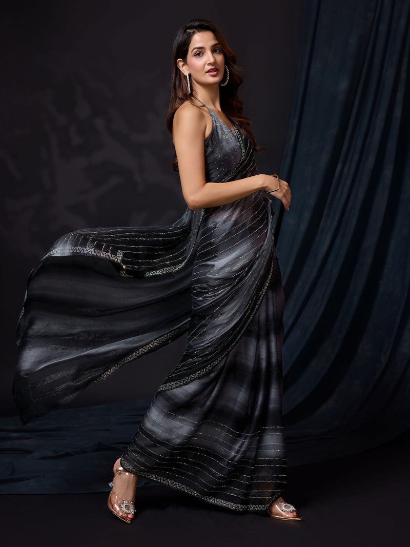 Women's Black Chiffon Siroski Work Saree with Unstitch Blouse Piece