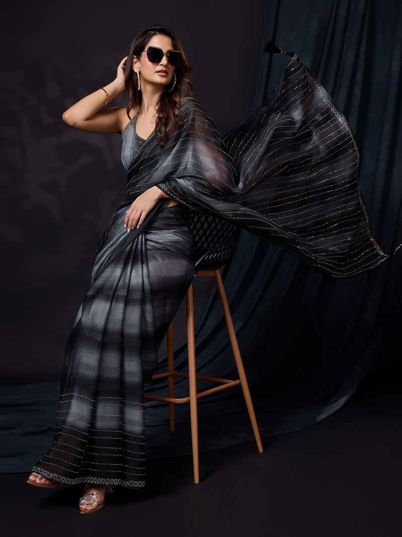 Women's Black Chiffon Siroski Work Saree with Unstitch Blouse Piece