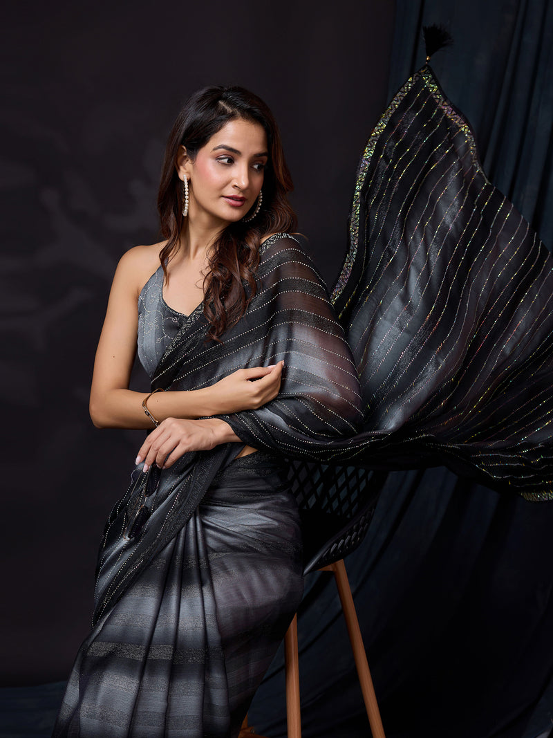 Women's Black Chiffon Siroski Work Saree with Unstitch Blouse Piece