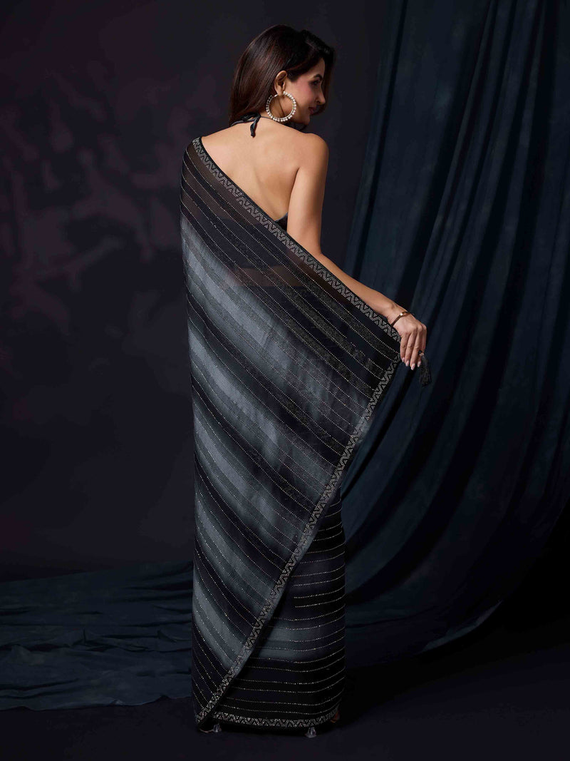 Women's Black Chiffon Siroski Work Saree with Unstitch Blouse Piece