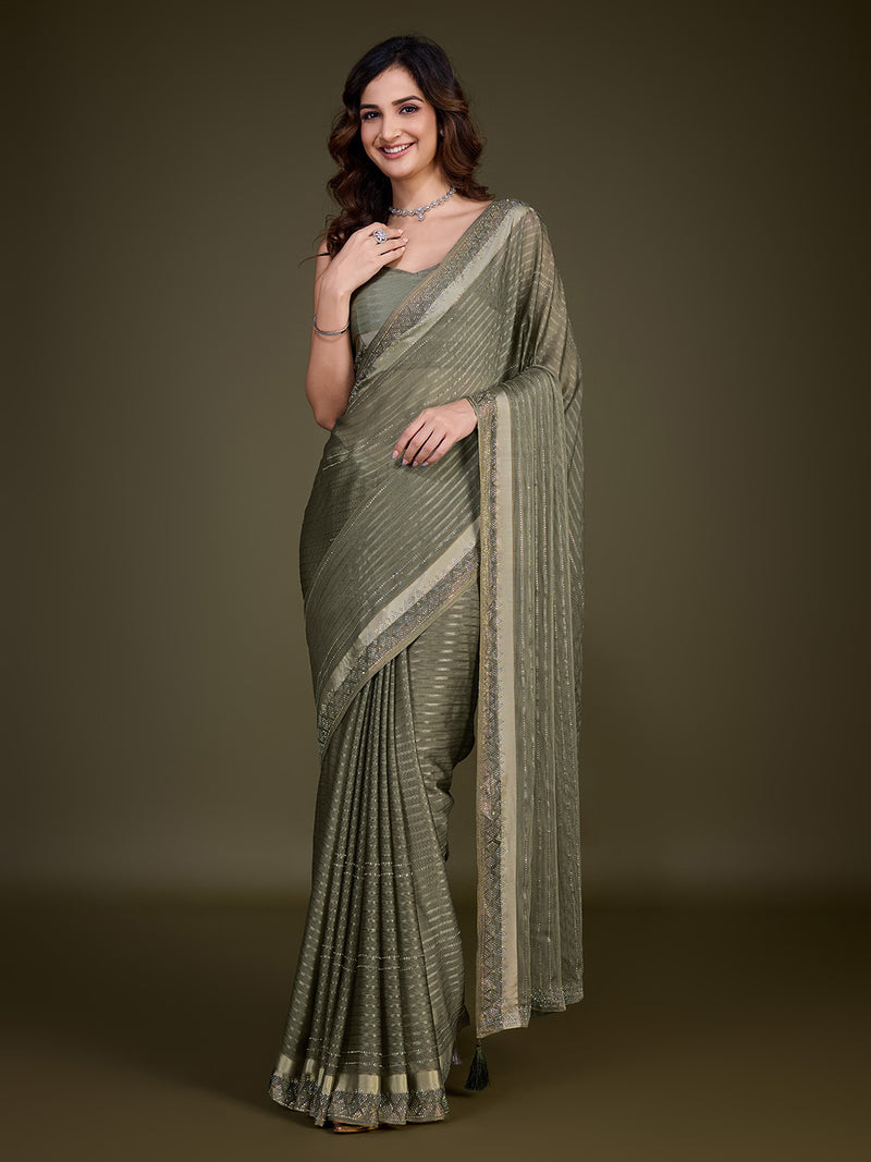 Women's Chiffon Siroski Work Saree with Unstitch Blouse Piece
