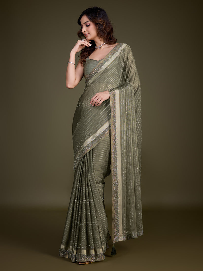 Women's Chiffon Siroski Work Saree with Unstitch Blouse Piece