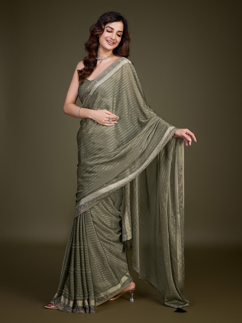 Women's Chiffon Siroski Work Saree with Unstitch Blouse Piece