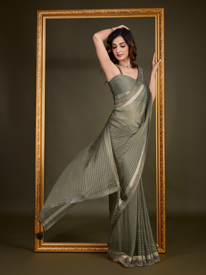 Women's Chiffon Siroski Work Saree with Unstitch Blouse Piece