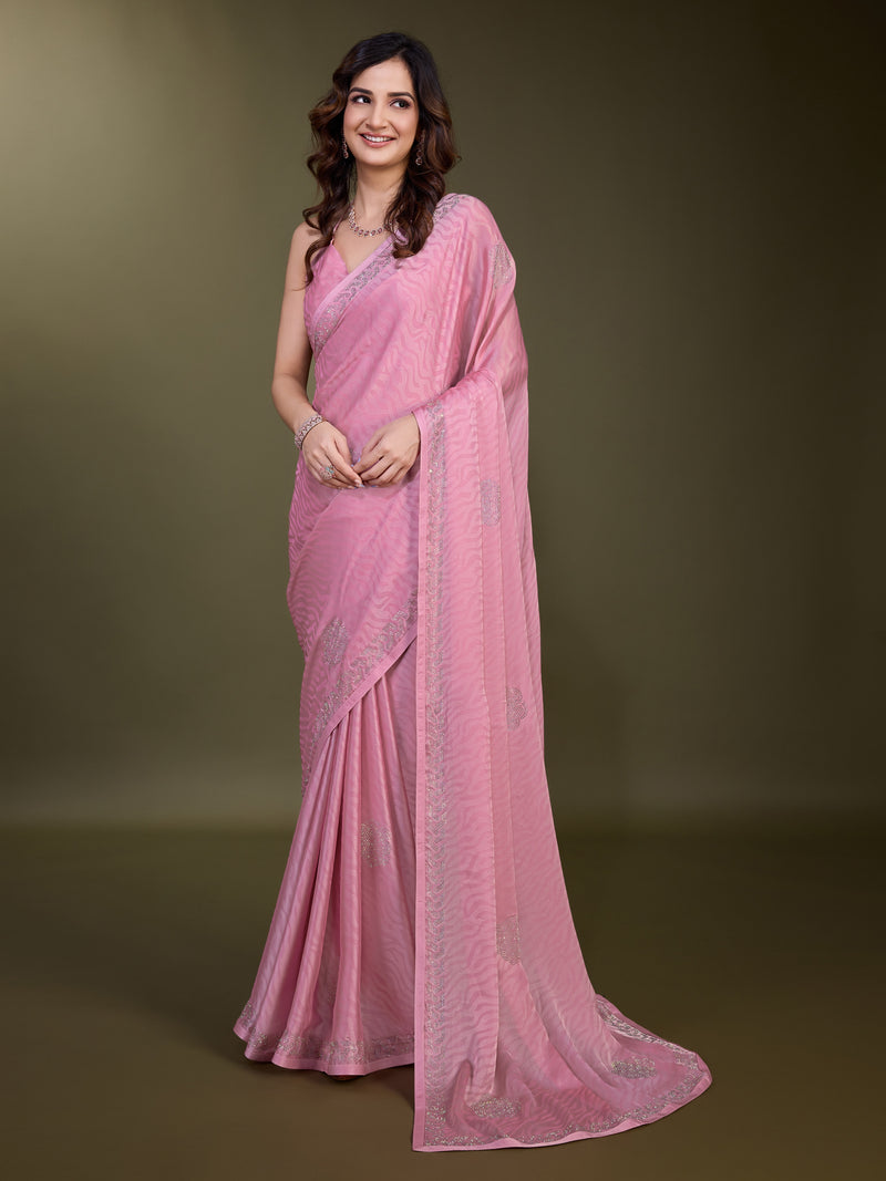 Women's Chiffon Siroski Work Saree with Unstitch Blouse Piece
