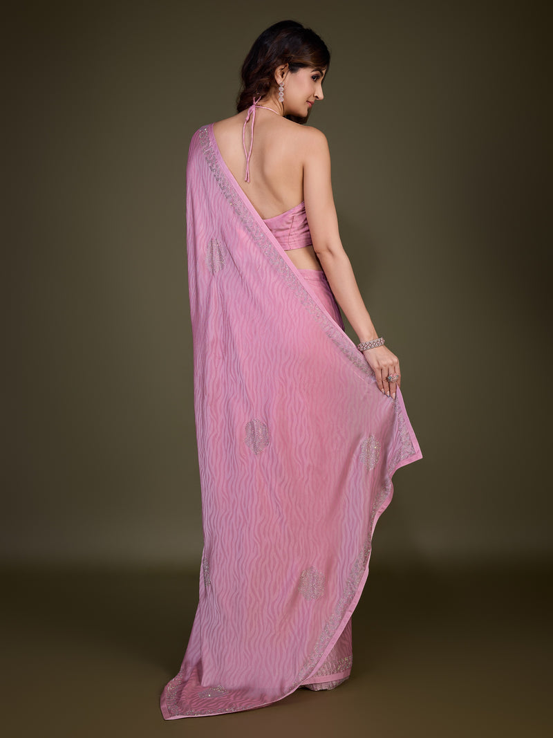 Women's Chiffon Siroski Work Saree with Unstitch Blouse Piece