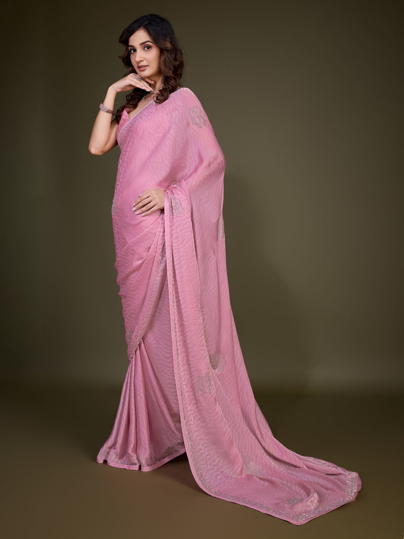 Women's Chiffon Siroski Work Saree with Unstitch Blouse Piece
