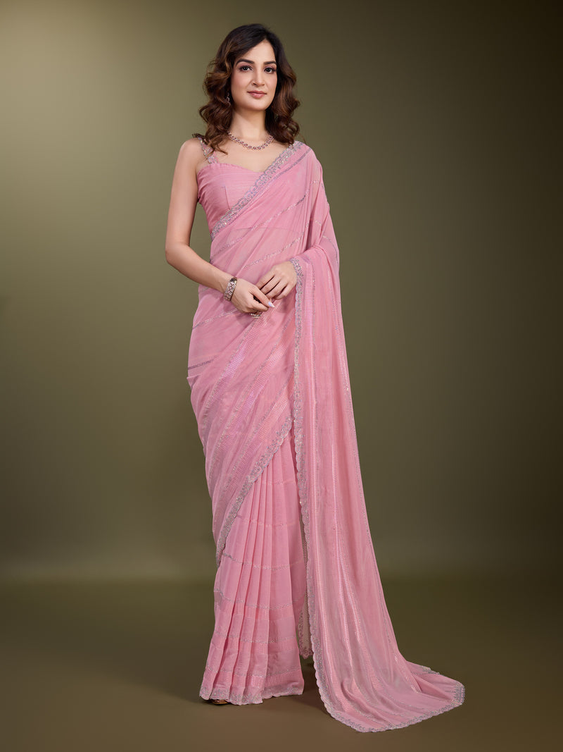 Women's Chiffon Siroski Work Saree with Unstitch Blouse Piece