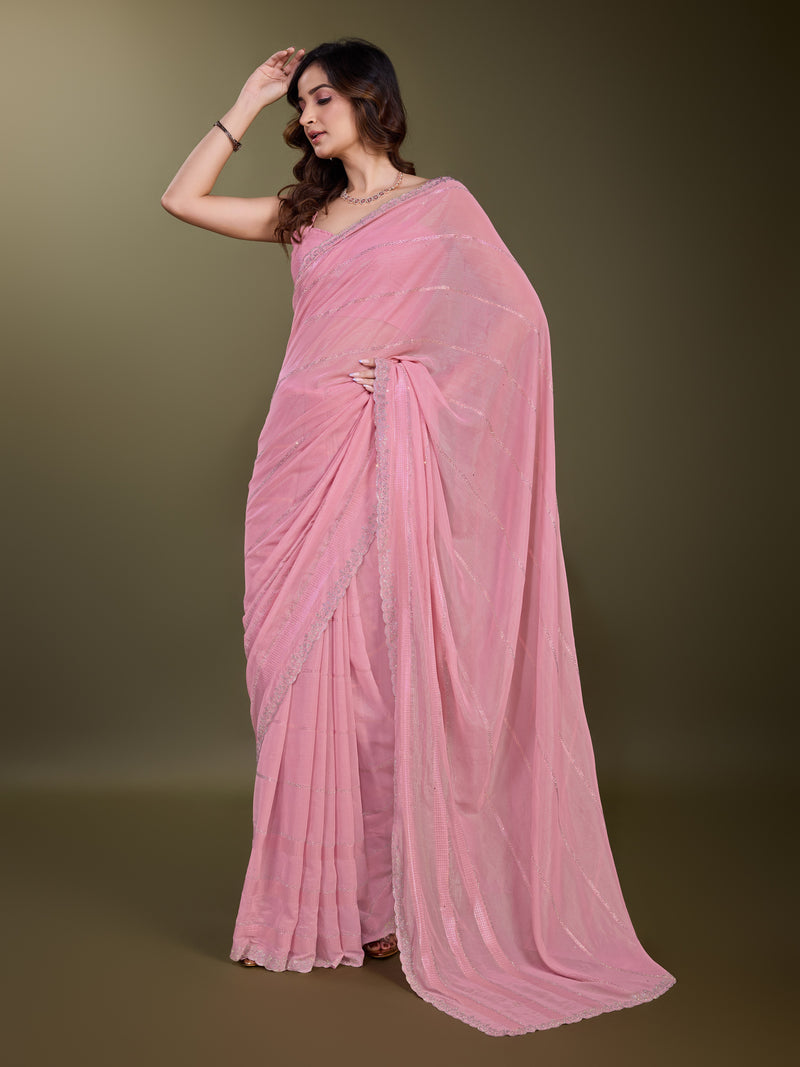 Women's Chiffon Siroski Work Saree with Unstitch Blouse Piece
