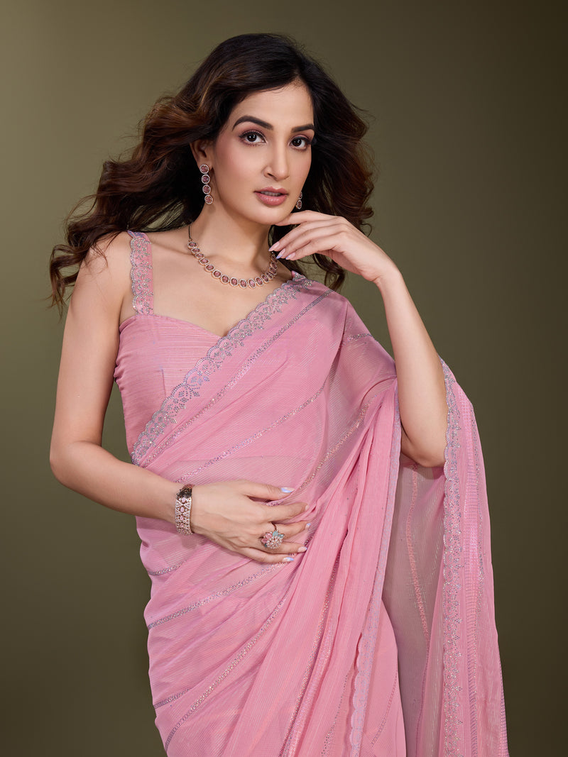 Women's Chiffon Siroski Work Saree with Unstitch Blouse Piece