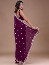 Women's Purple Satin Embroidery Sequin Work Saree with Unstitch Blouse Piece