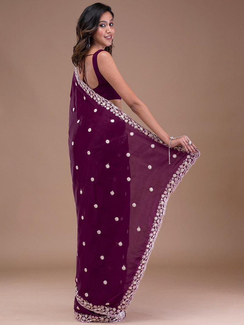 Women's Purple Satin Embroidery Sequin Work Saree with Unstitch Blouse Piece