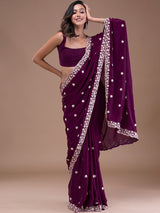 Women's Purple Satin Embroidery Sequin Work Saree with Unstitch Blouse Piece