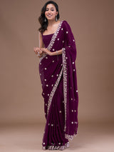 Women's Purple Satin Embroidery Sequin Work Saree with Unstitch Blouse Piece