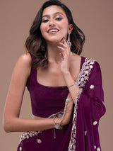 Women's Purple Satin Embroidery Sequin Work Saree with Unstitch Blouse Piece