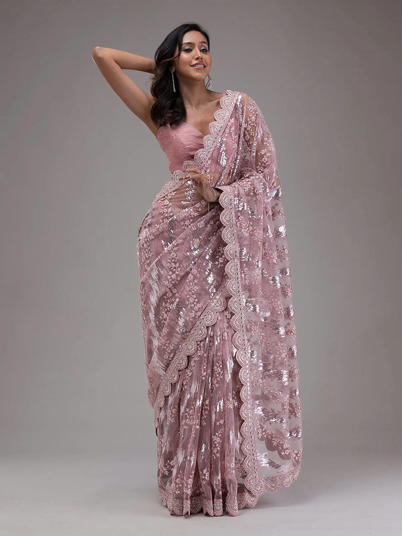 Women's Light Purple Net Embroidery Stone, Sequin Work Saree with Unstitch Blouse Piece