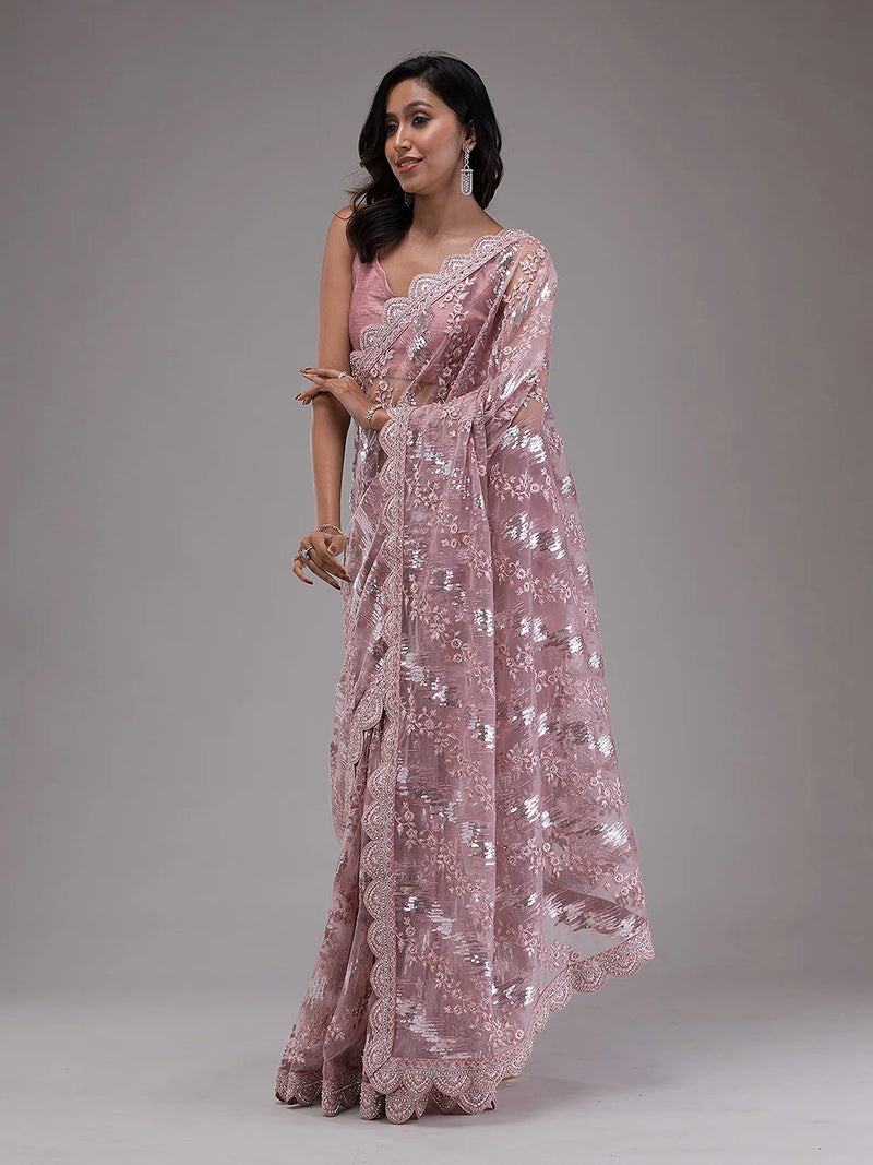 Women's Light Purple Net Embroidery Stone, Sequin Work Saree with Unstitch Blouse Piece