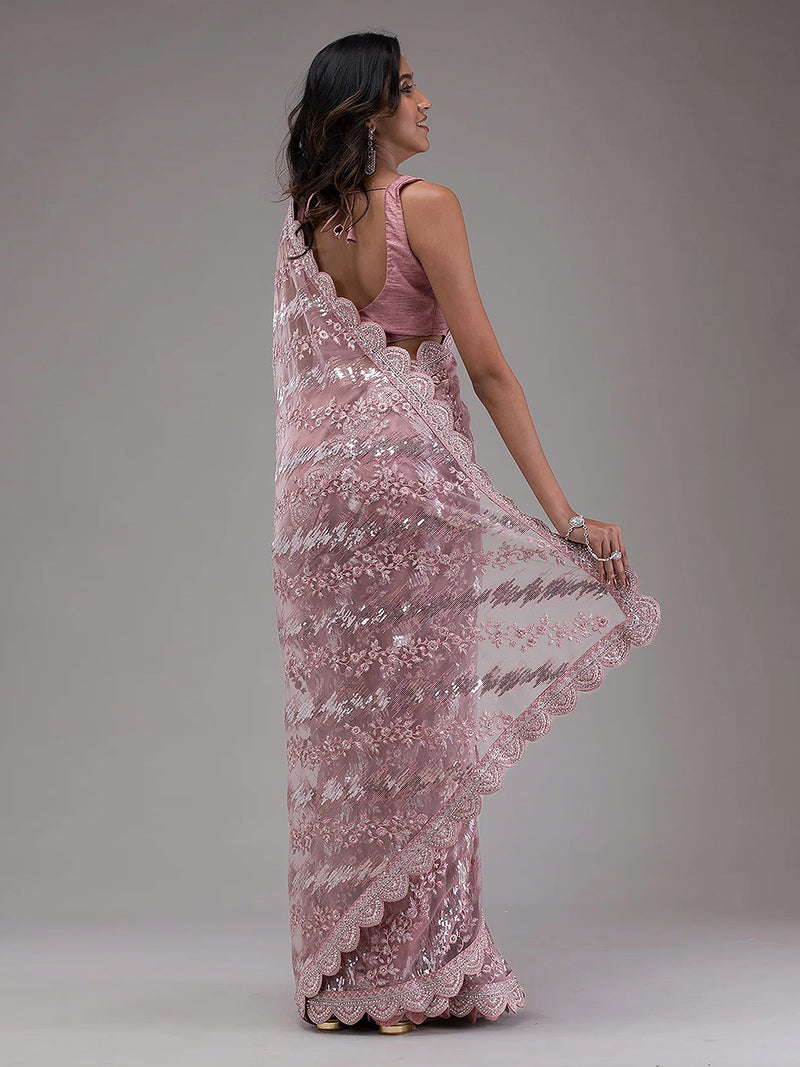 Women's Light Purple Net Embroidery Stone, Sequin Work Saree with Unstitch Blouse Piece