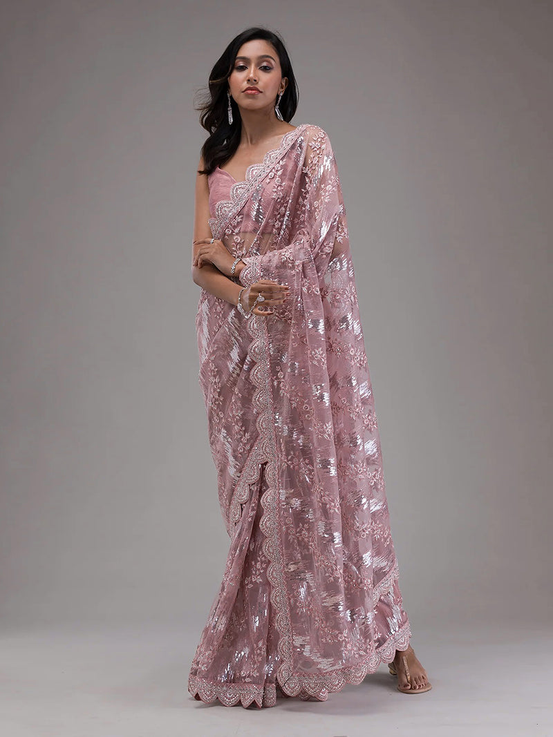 Women's Light Purple Net Embroidery Stone, Sequin Work Saree with Unstitch Blouse Piece