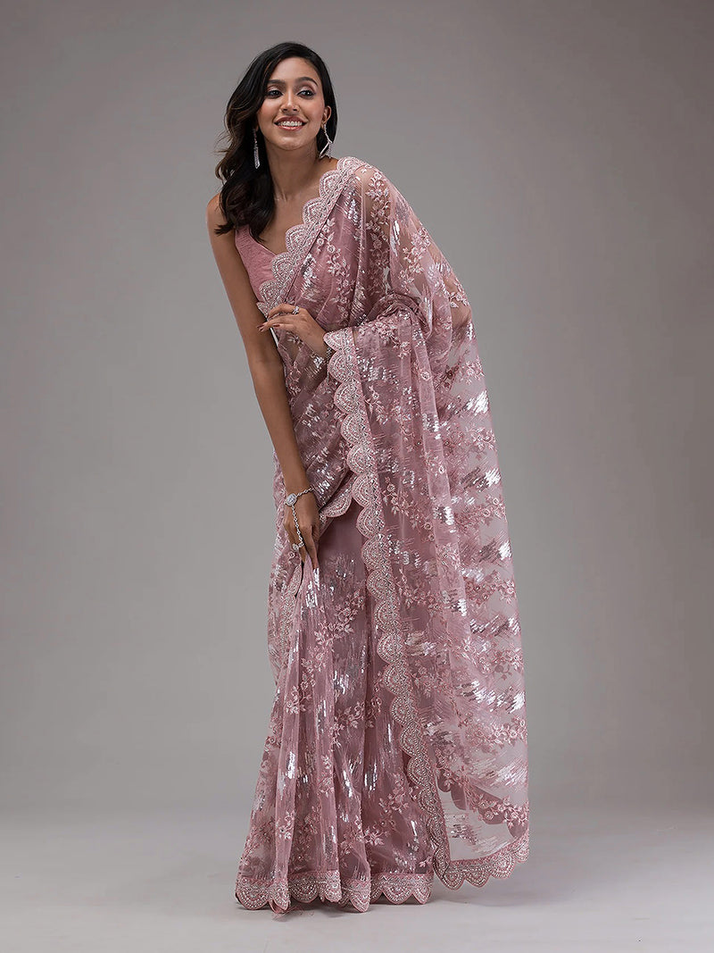 Women's Light Purple Net Embroidery Stone, Sequin Work Saree with Unstitch Blouse Piece
