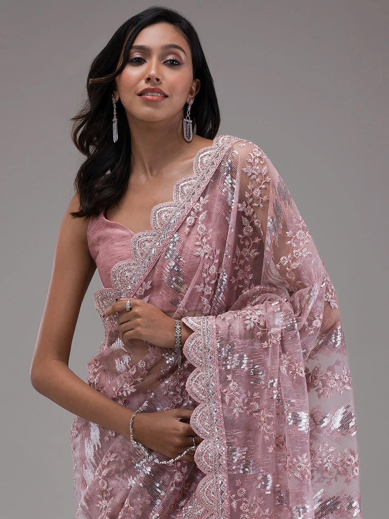 Women's Light Purple Net Embroidery Stone, Sequin Work Saree with Unstitch Blouse Piece