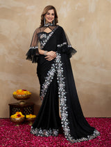 Women's Satin Embroidery Sequin Work Saree with Unstitch Blouse Piece