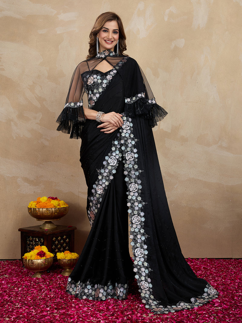Women's Satin Embroidery Sequin Work Saree with Unstitch Blouse Piece