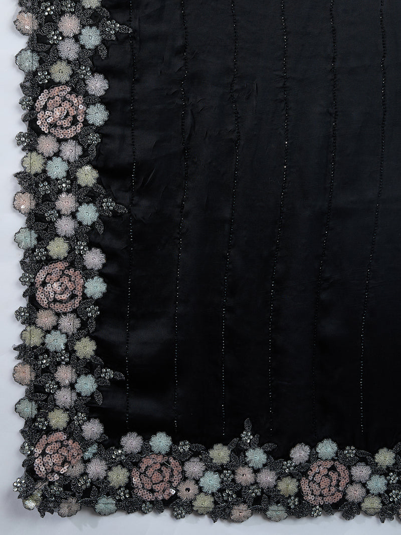 Women's Satin Embroidery Sequin Work Saree with Unstitch Blouse Piece
