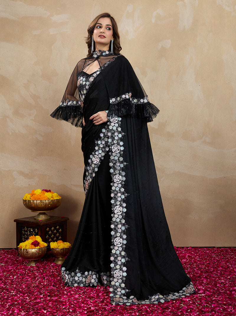 Women's Satin Embroidery Sequin Work Saree with Unstitch Blouse Piece