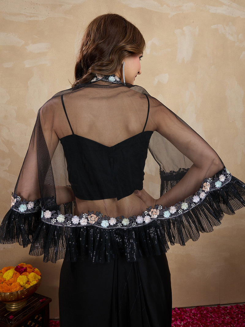 Women's Satin Embroidery Sequin Work Saree with Unstitch Blouse Piece
