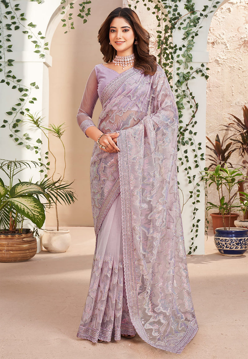Women's Net Embroidery Stone, Sequin Work Saree with Unstitch Blouse Piece