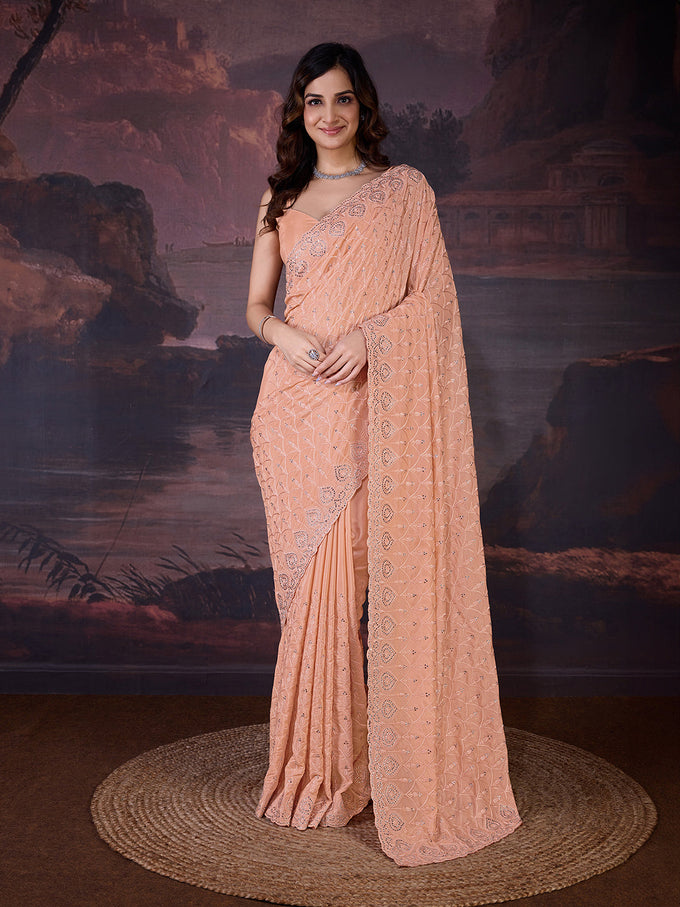 Women's Orange Silk Embroidery Zarkan Work Saree with Unstitch Blouse Piece Trendmalls