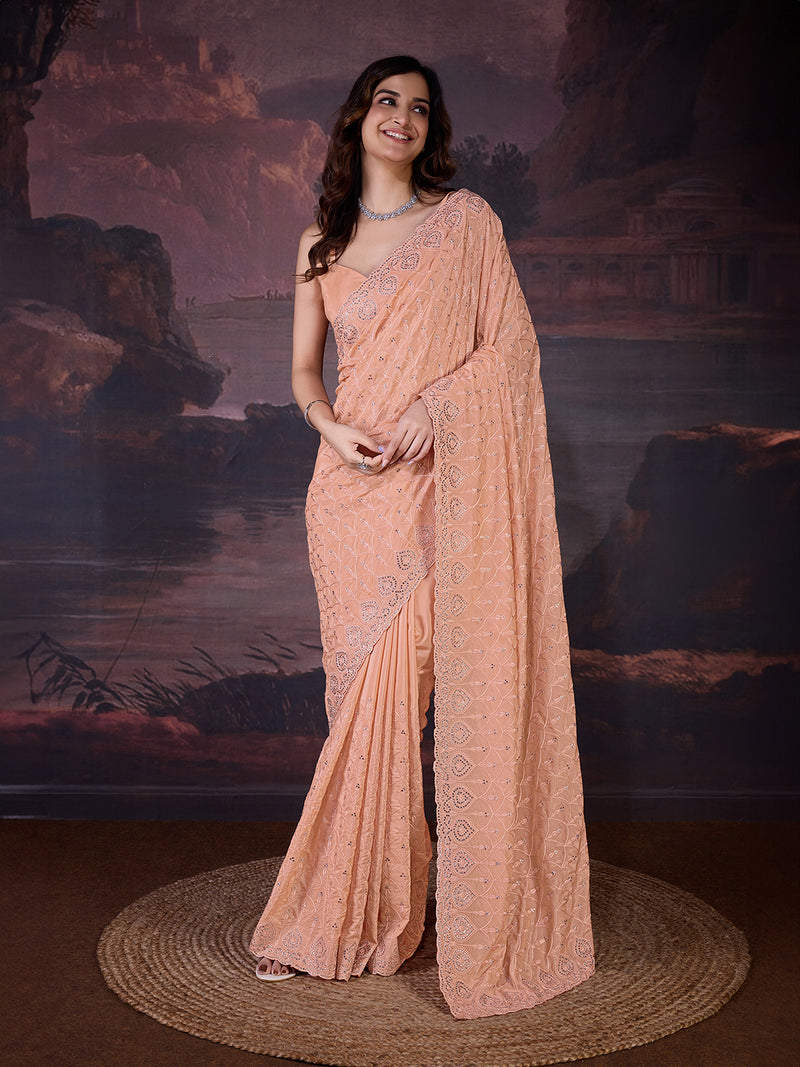 Women's Orange Silk Embroidery Zarkan Work Saree with Unstitch Blouse Piece