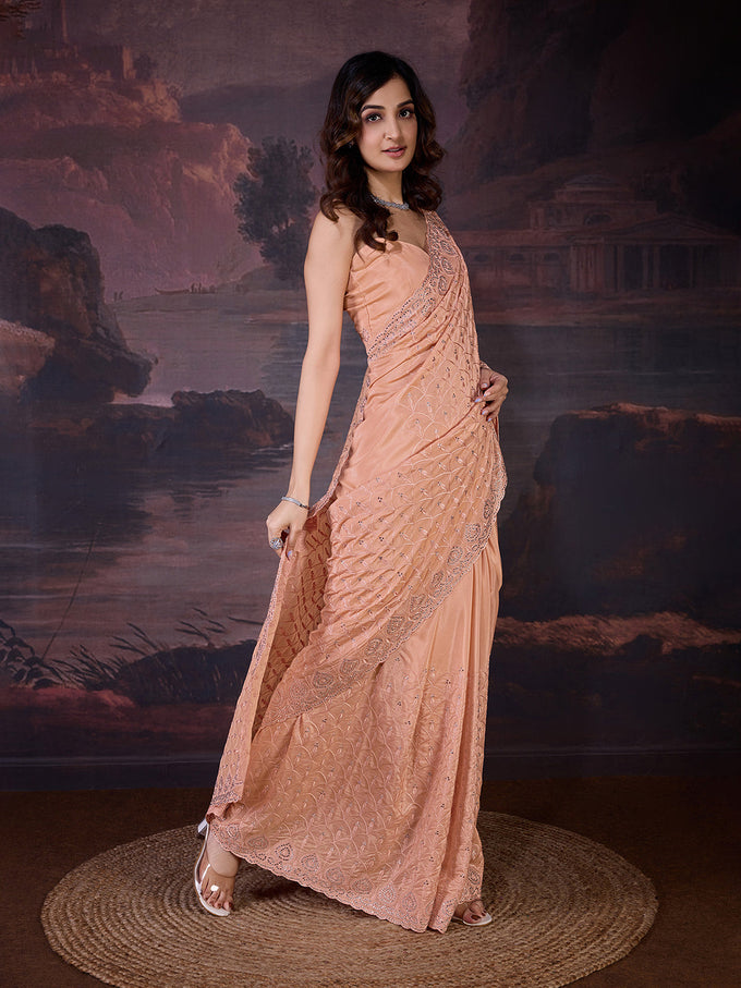 Women's Orange Silk Embroidery Zarkan Work Saree with Unstitch Blouse Piece Trendmalls