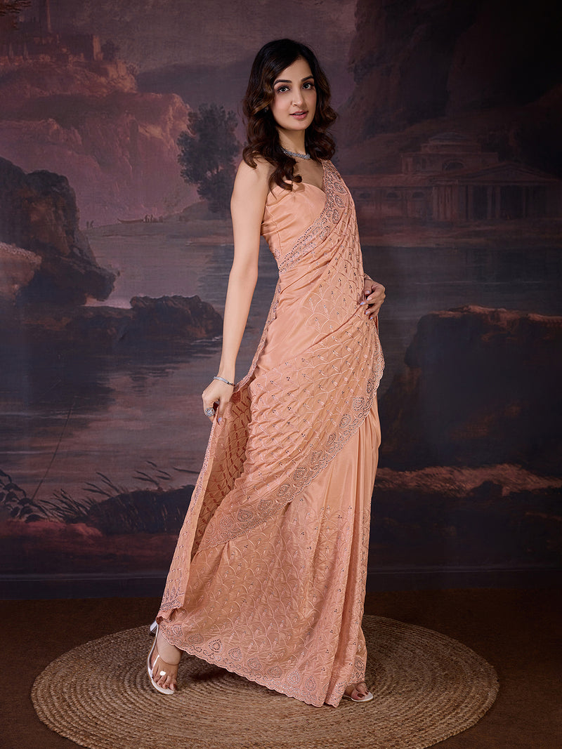Women's Orange Silk Embroidery Zarkan Work Saree with Unstitch Blouse Piece