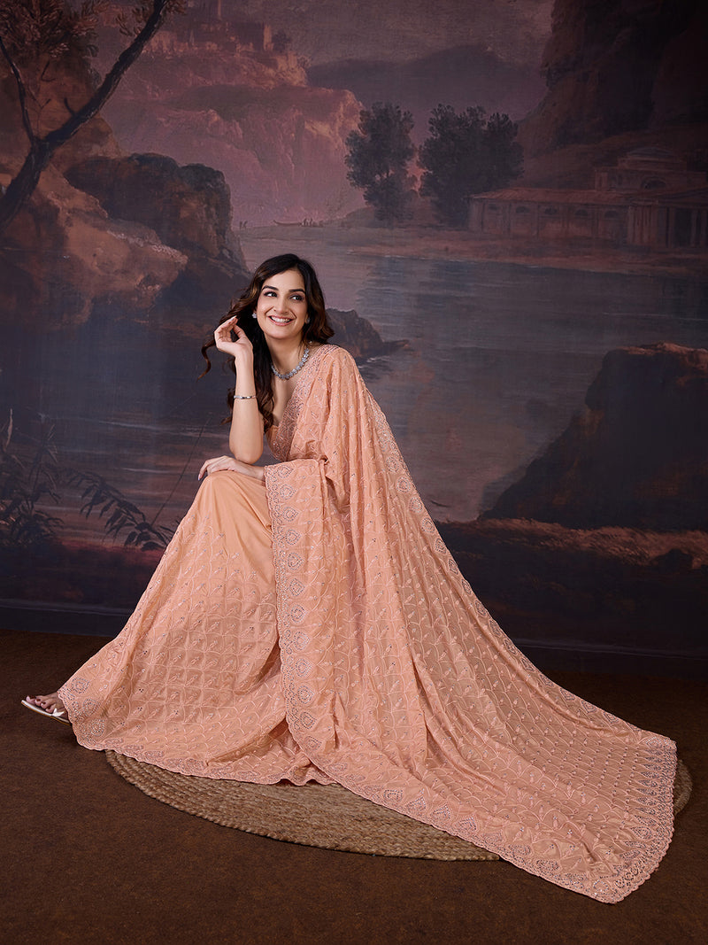 Women's Orange Silk Embroidery Zarkan Work Saree with Unstitch Blouse Piece