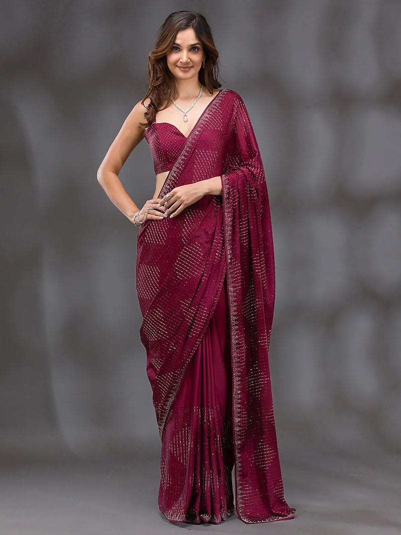 Women's Red Silk Siroski Work Saree with Unstitch Blouse Piece